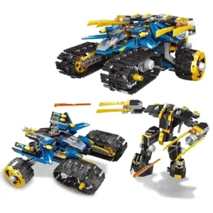 Nie mogę wyświetlić obrazu, ale mogę wygenerować tytuł na podstawie opisu, który podałeś. Proponuję:  "Mecha Ninja Thunder Raider: 567-elementowy zestaw do zabawy i kolekcji"