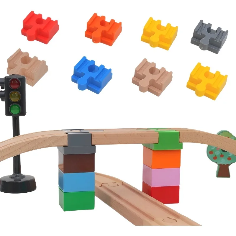 Uniwersalne akcesoria drewniane do torów kolejowych z plastikowymi adapterami