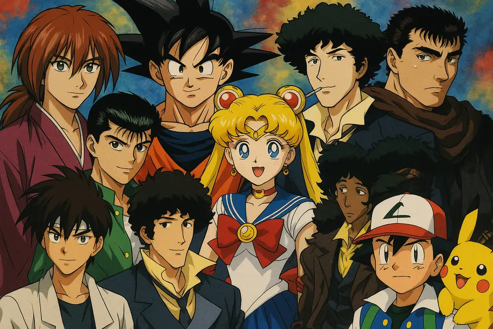 Collage of 90s anime characters including Goku, Sailor Moon, and Ash Ketchum, symbolizing the era's anime legacy.