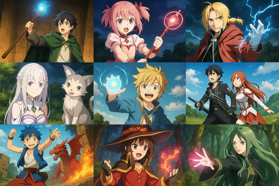 Collage of scenes from the seven featured anime showcasing magic and adventure.