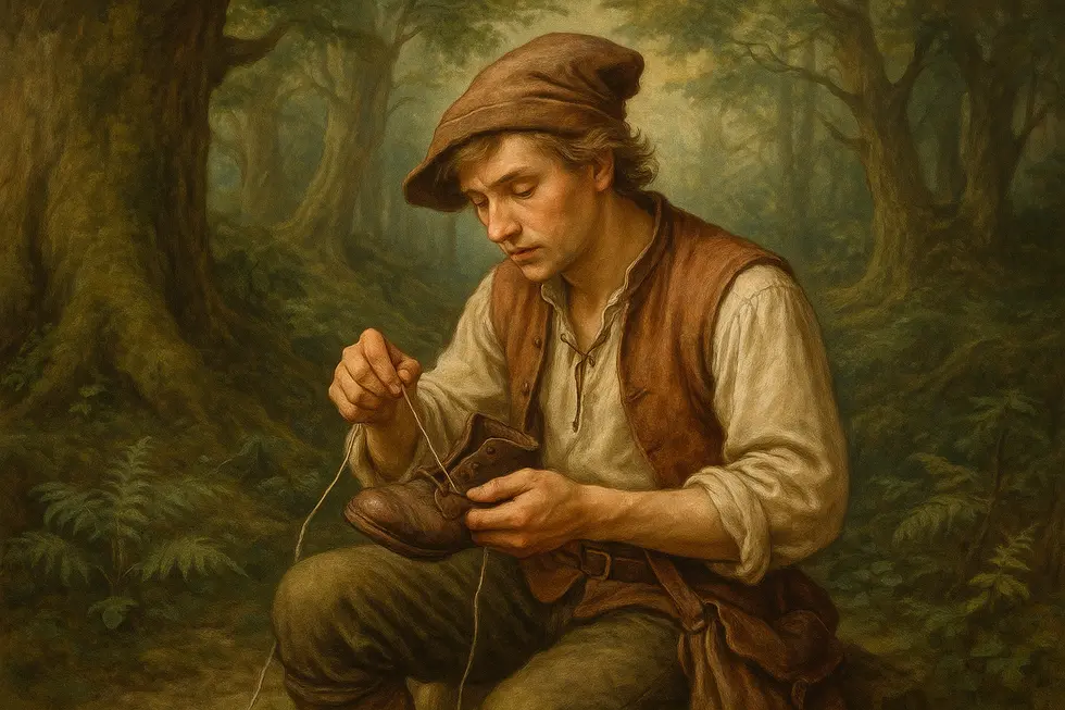 Postać Szewczyka Dratewki ożywiona w ilustracji przedstawiającej polski folklor.