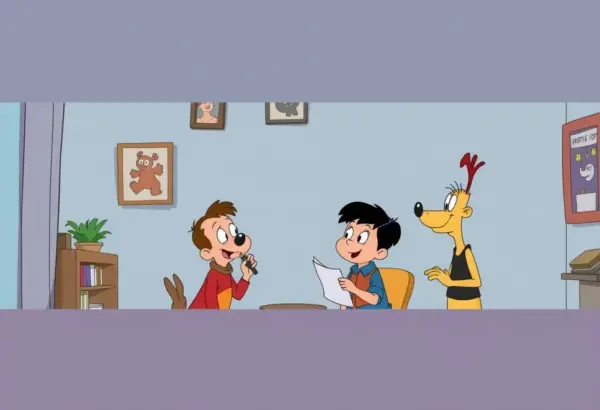 Classic cartoon scene with characters demonstrating an educational lesson.