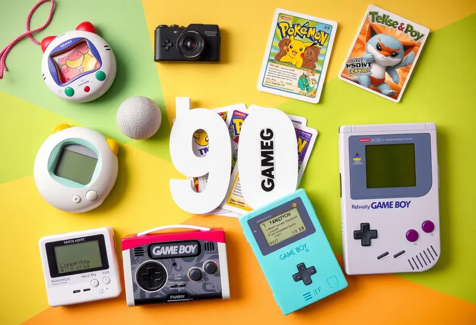 Collage of 90s gadgets including Tamagotchi, Pokémon cards, Walkman, and Game Boy against a vibrant background.