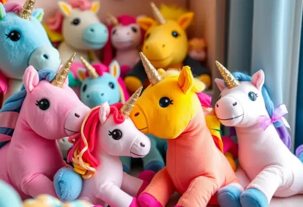 Unicorn plush toys with sparkly details.