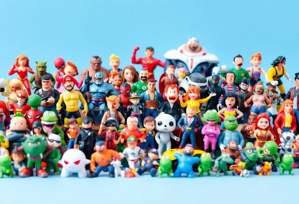 A collage of various collectible figurines from animations and games.