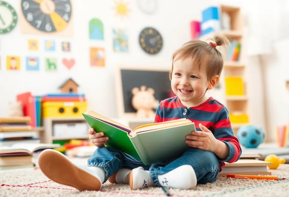 Szczęśliwe dziecko z książką i tabletem w jasnym pokoju z materiałami edukacyjnymi.