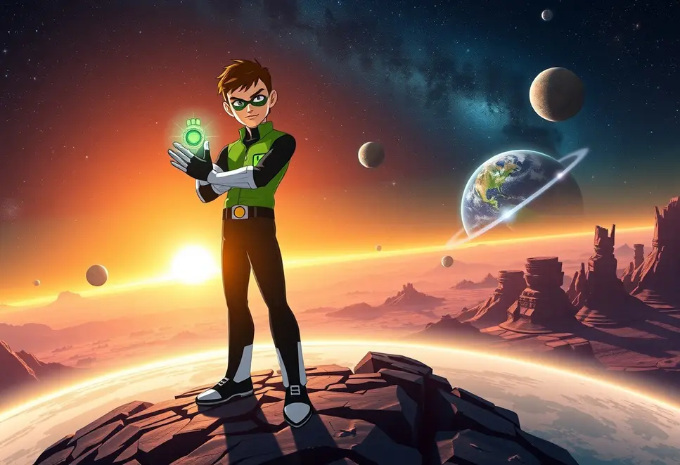 Ben Tennyson with Omnitrix on an alien planet under cosmic skies.