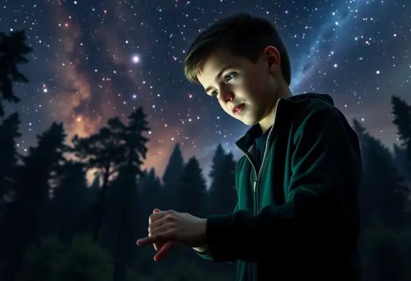 Image of Ben Tennyson finding the Omnitrix in a forest with a cosmic backdrop.