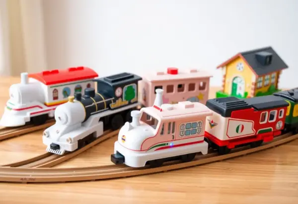 Different electric toy train sets with fairytale themes emphasizing quality and safety.
