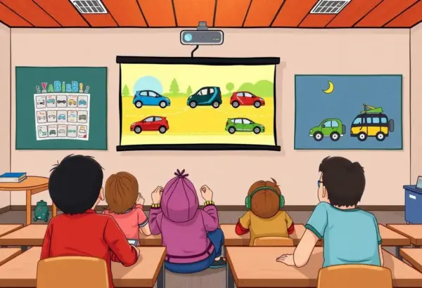Children in a classroom learning about cars with 'Bibi - bajki'.
