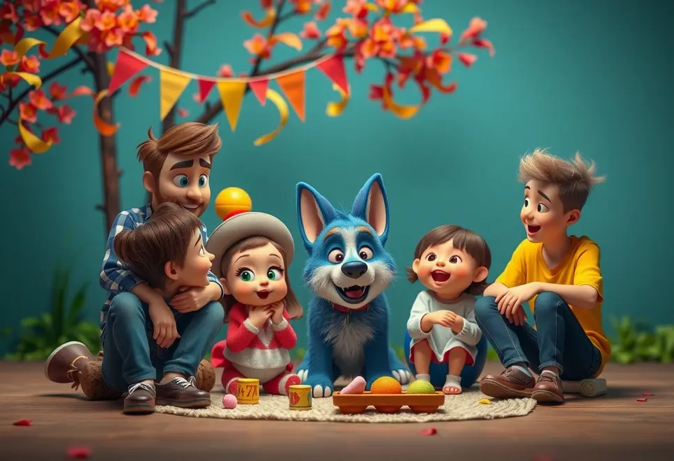 Animowana rodzina Bluey uczestnicząca w radosnej, rodzinnej zabawie, ilustrująca główne tematy bajki.