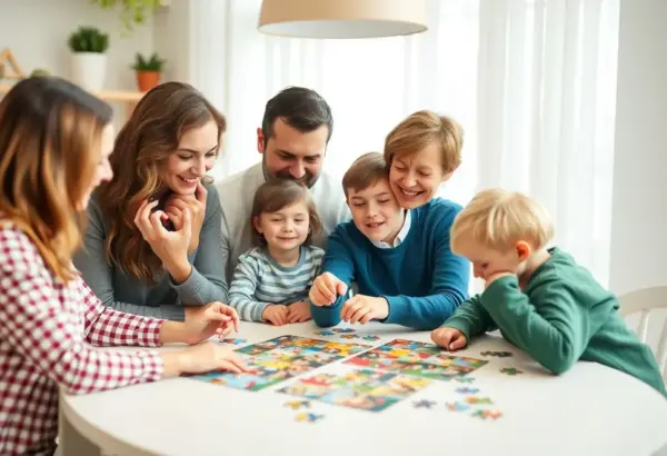 Family emotionally bonding over a puzzle assembly at a dining table.