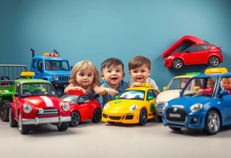 Children surrounded by animated vehicles, depicting the diversity of cars.