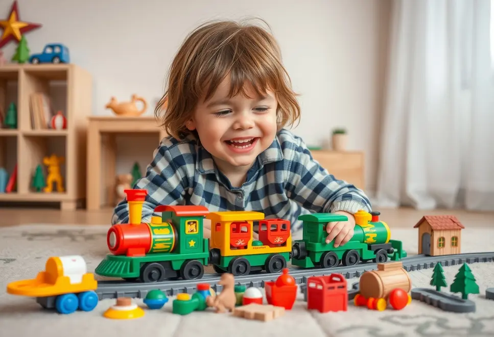 Child playing with colorful, expandable train set with fairy-tale themes.