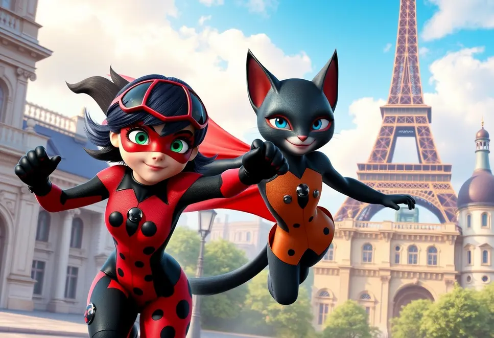 Ladybug i Cat Noir w dynamicznej akcji na tle Paryża.