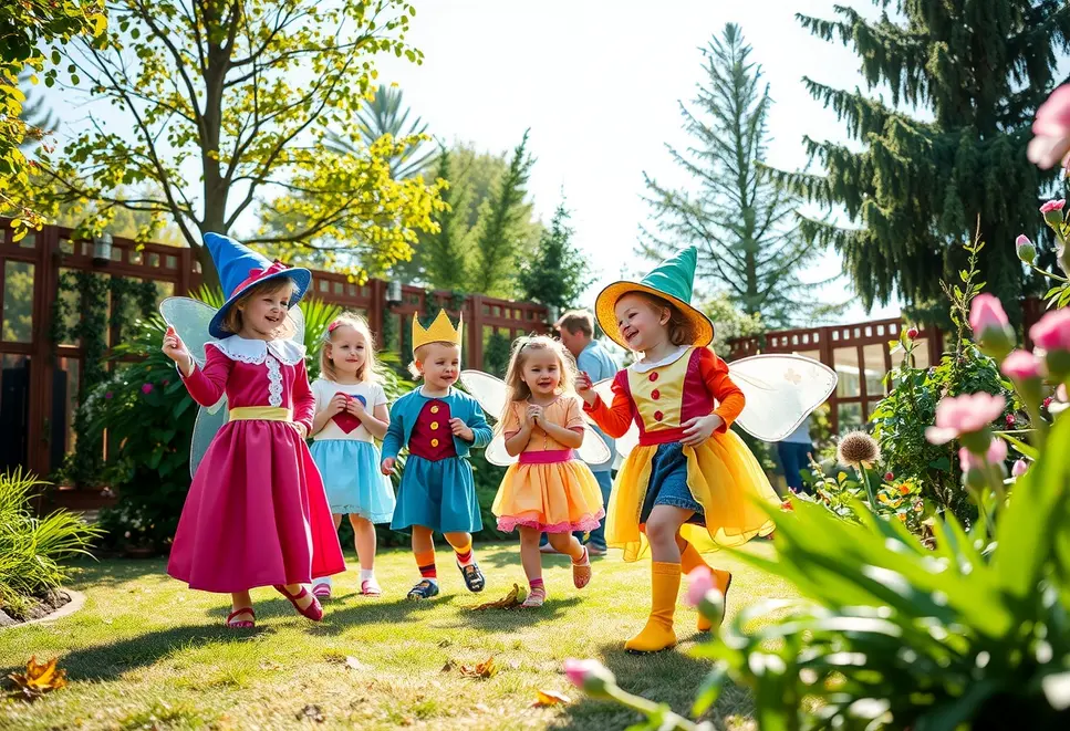 Children playing in fairy tale costumes in a sunlit garden.