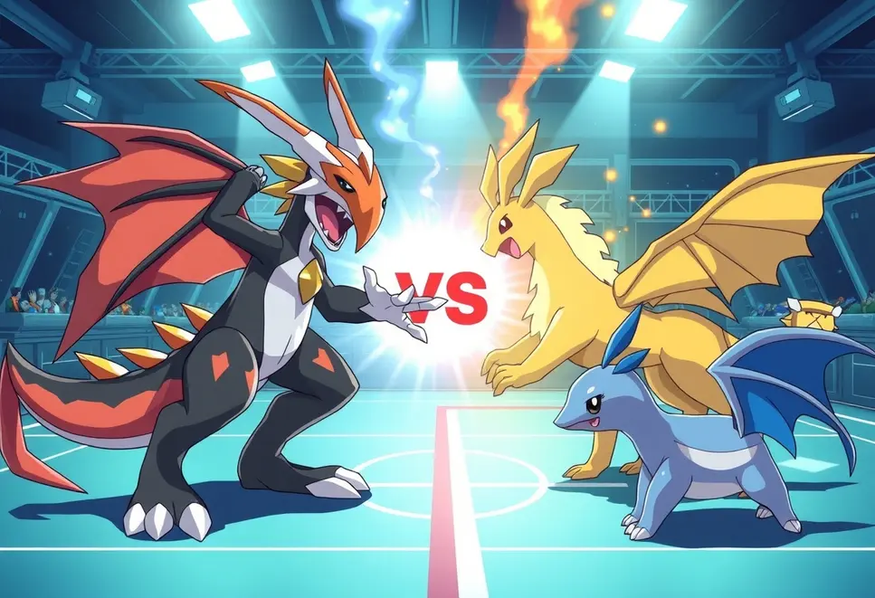 Image of Digimon and Pokémon characters in a friendly competition, illustrating their cultural rivalry and mutual camaraderie.