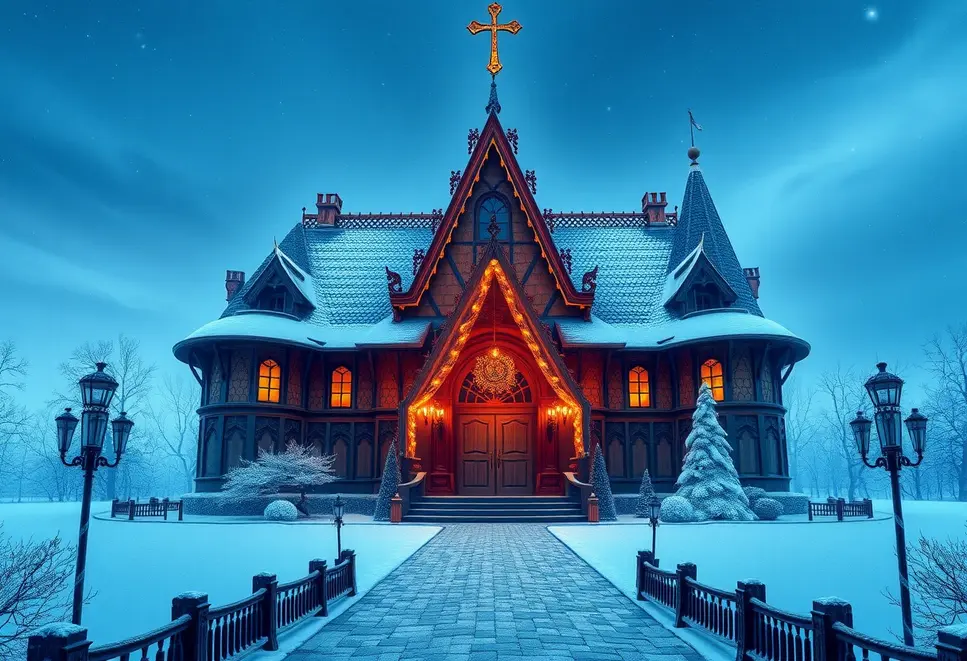 Rozświetlony zamek Arendelle w zimowej scenerii o zmroku.