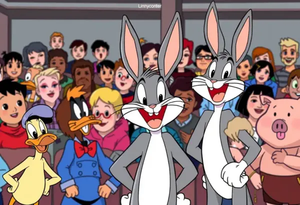 Bugs Bunny with diverse audience and Looney Tunes characters around.