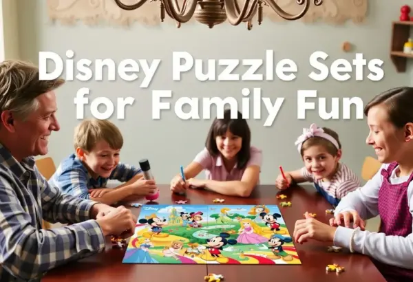 Family working on a Disney-themed puzzle depicting fairy-tale characters together.