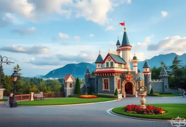 Park rozrywki Disneyland z widokiem na zamek Kraina Lodu.