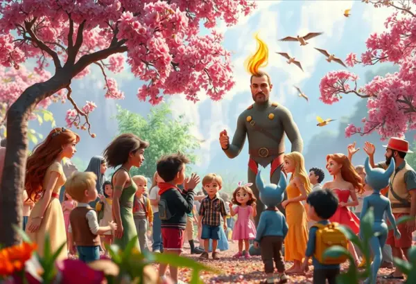 Colorful characters symbolizing fire, water, earth, and air interacting harmoniously.