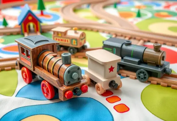 Wooden and plastic train sets with simple electric drives.