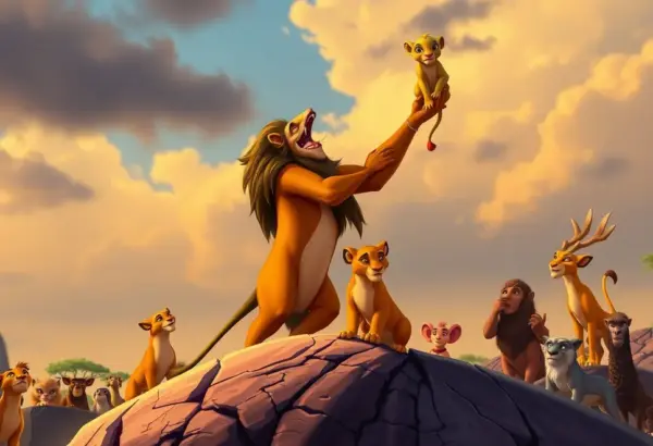 Rafiki holds Simba up on Pride Rock at the animal kingdom gathering.