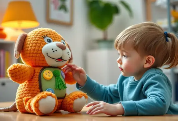 An interactive plush toy with educational features aiding a child in learning and therapy.