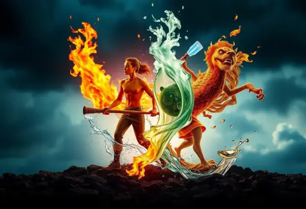 Four elements symbolizing different characteristics and emotions together in one scene.