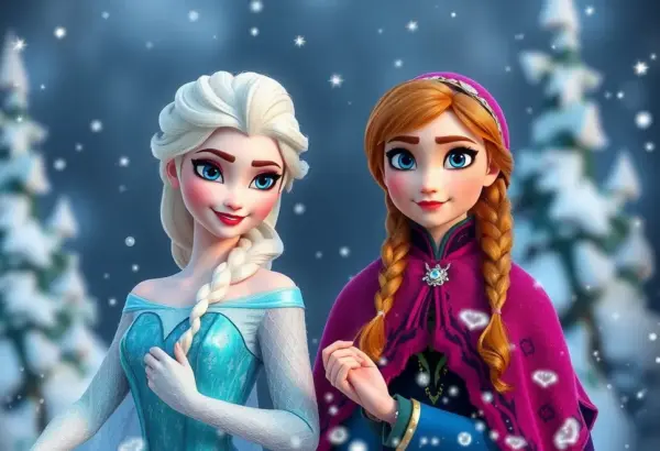 Elsa i Anna idące przez śnieżny las w zimowej scenerii.