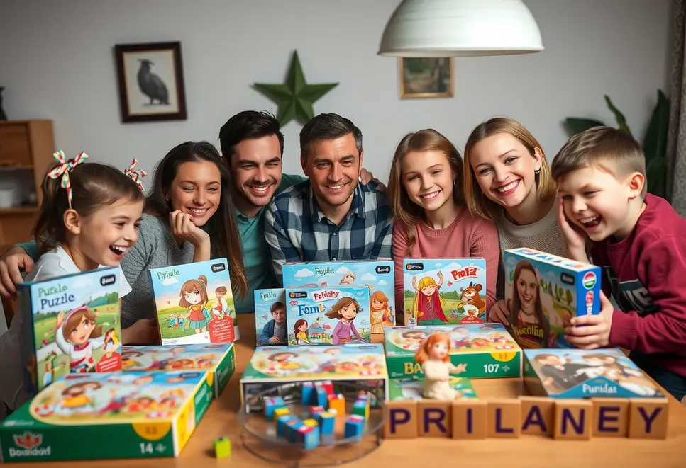 Happy family enjoying puzzle time with diverse fairy-tale character sets.
