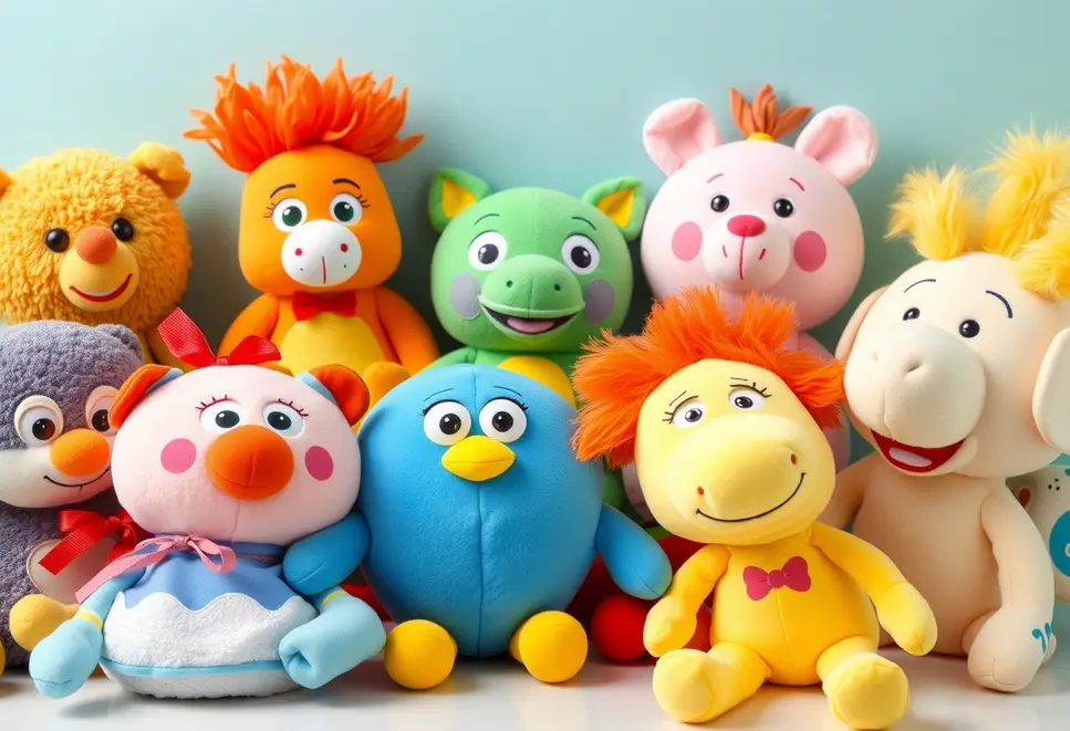 Array of colorful cartoon character plush toys in a playful setting.