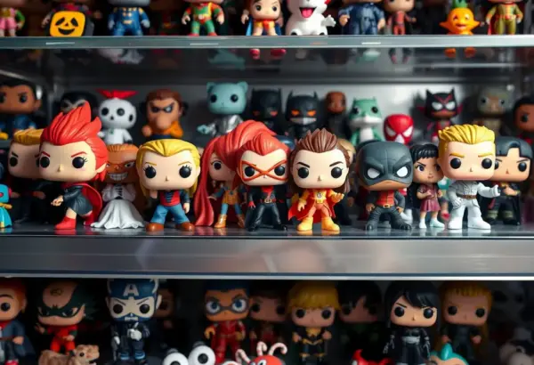 A variety of Funko Pop figures displayed on a shelf, showcasing characters from animations.