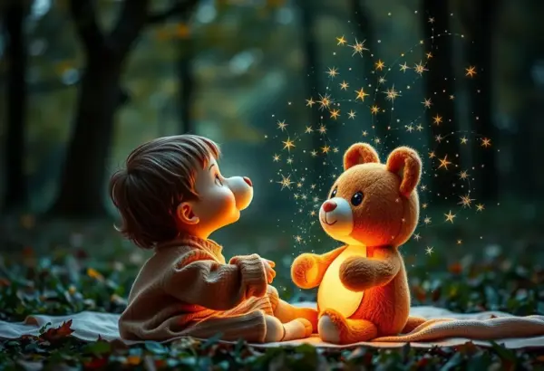 A child imagining a fairy tale scene while cuddling an interactive plush toy, highlighting imagination growth.