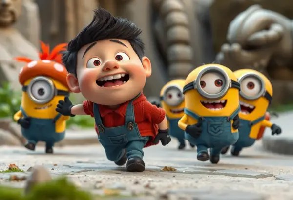 Young Gru and the Minions on an adventurous ride in an animated scene.