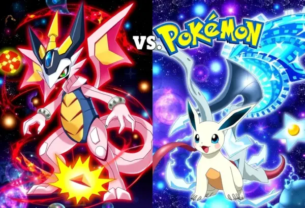 Anime-style illustration showing the evolution and comparison of Digimon and Pokémon series.