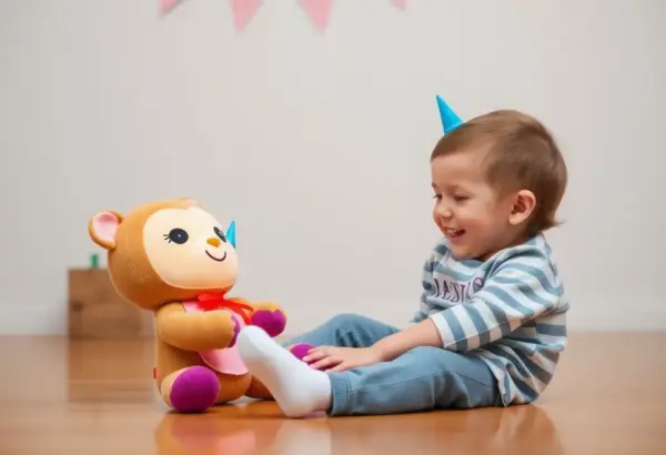 A child joyfully interacting with a plush toy that incorporates technology, symbolizing educational play.