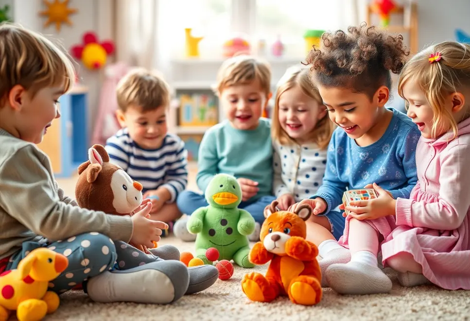 Children engaging with interactive plush toys inspired by fairy tales, in a lively play environment.