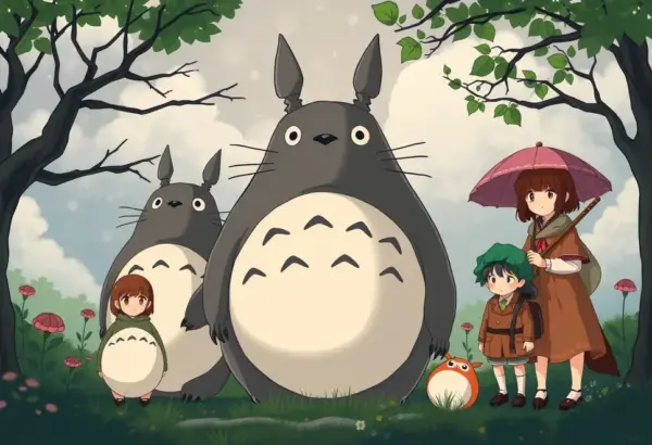 Artistic portrayal of Totoro and characters with modern elements.