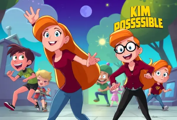 Kim Possible w dynamicznej scenie, ujęcie humorystyczne.