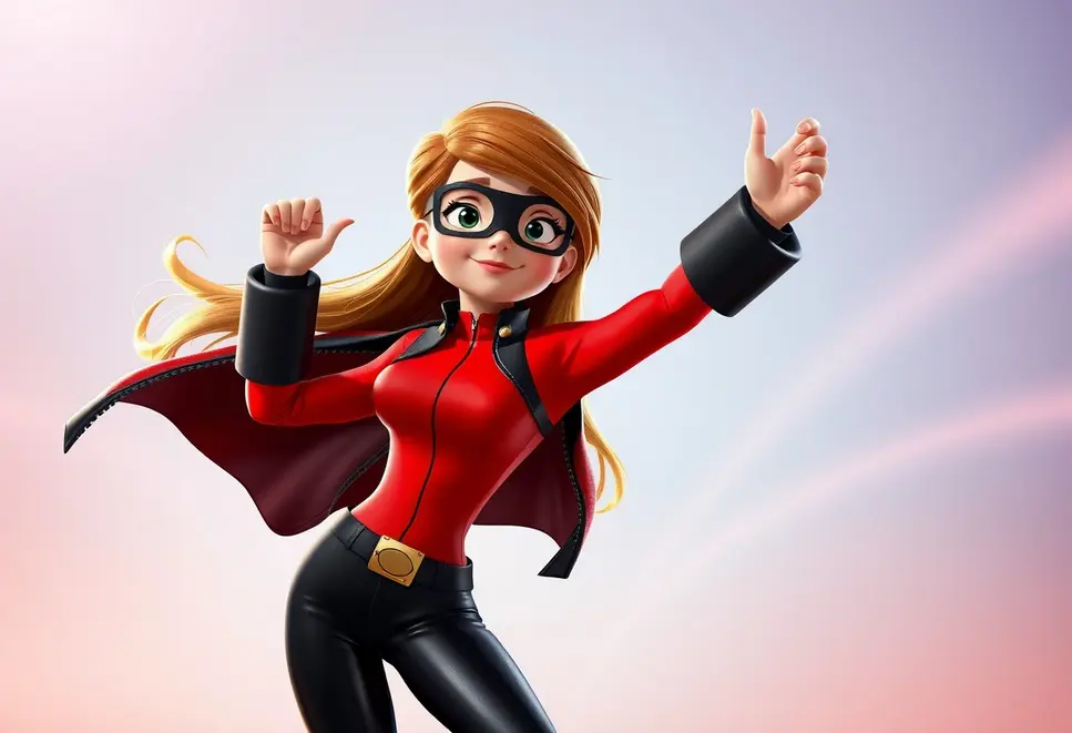 Kim Possible w odważnej pozie na tle jaskrawych kolorów.