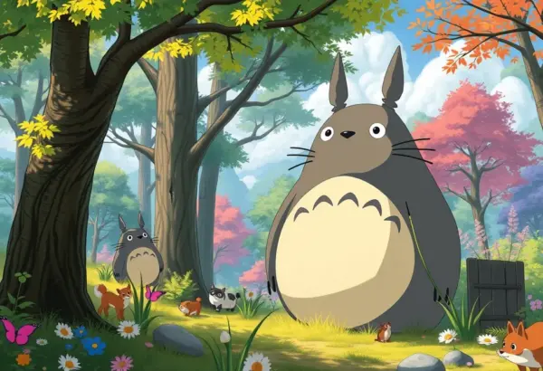 Totoro in a vibrant forest environment.