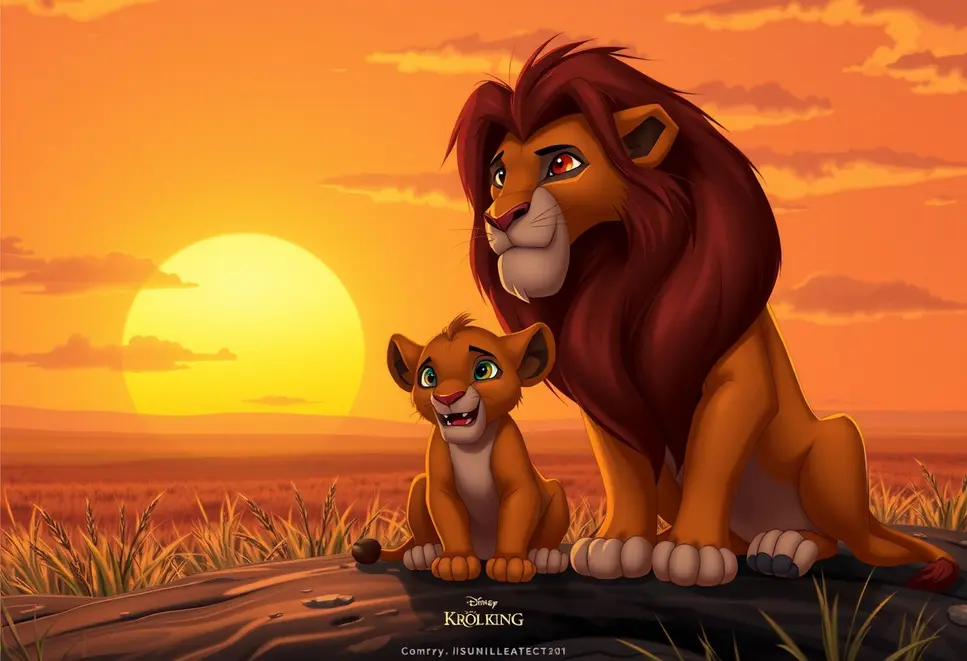 Lion cub Simba with Mufasa and Sarabi in front of a sunset in Africa.
