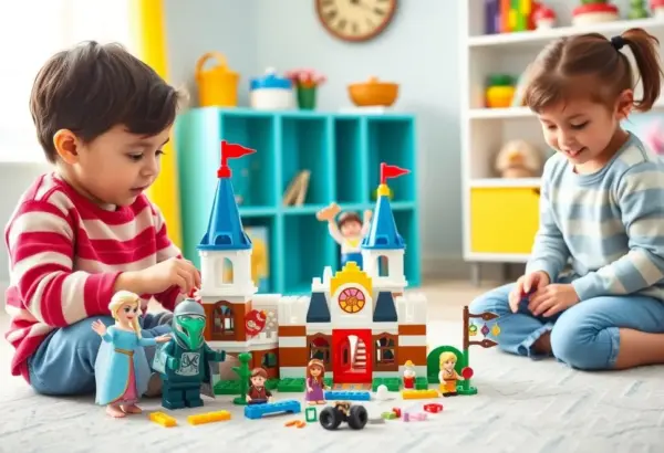 Two young children happily building a LEGO DUPLO Disney castle with Elsa and Anna figures.