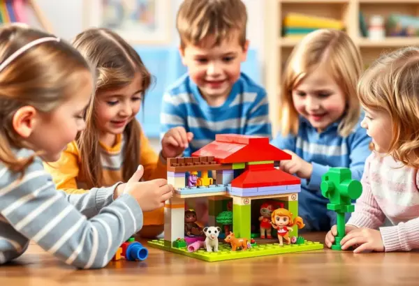 Children collaboratively playing with LEGO Friends sets, focusing on building an animal shelter.