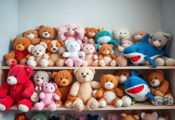 A variety of plush toys from IKEA on a children's shelf.