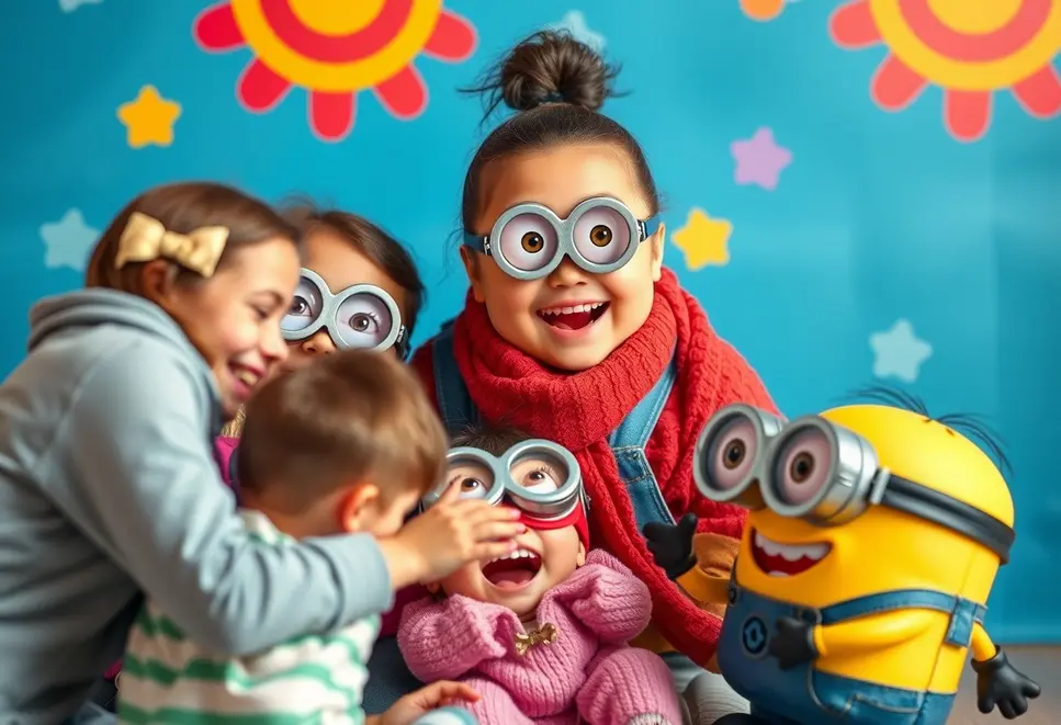 Minionki joyfully engaging with people of all ages against a vibrant background.