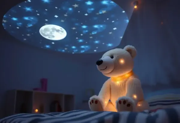 Plush polar bear projecting stars on the ceiling.