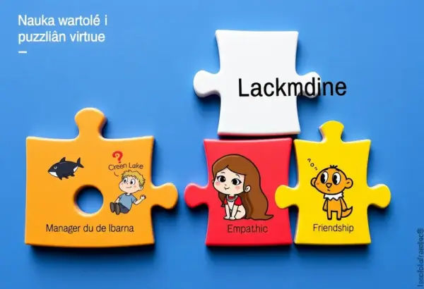 Puzzle pieces showing cartoon characters that teach virtues like empathy and courage.